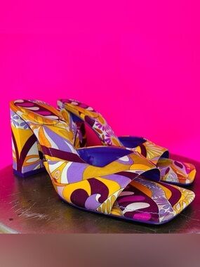 Zara Orange Purple Swirly Retro Print Slip-On Heeled Sandals US 6.5